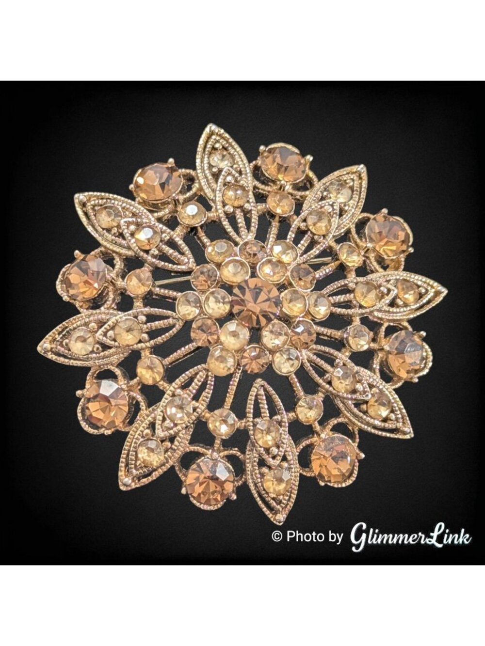 Vintage LC Liz Claiborne Champagne Brown Rhinestone Gold Tone Floral Brooch